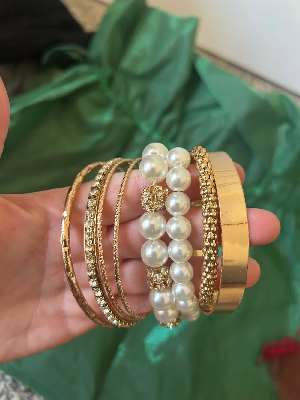 Gold and Pearl Bangle Bracelet Set